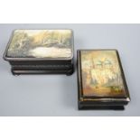 Two Russian painted lacquer and mother-of-pearl boxes, their lids depicting a church and woodland