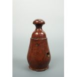 An antique treen string or similar box, in burr and fruitwood, of tapering form with screw-in top,