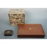 A small 19th Century brass-mounted box, another wooden box and a fabric-covered sewing chest