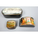 Three small Soviet / Russian lacquered boxes, including a Fedoskino box painted over mother-of-pearl