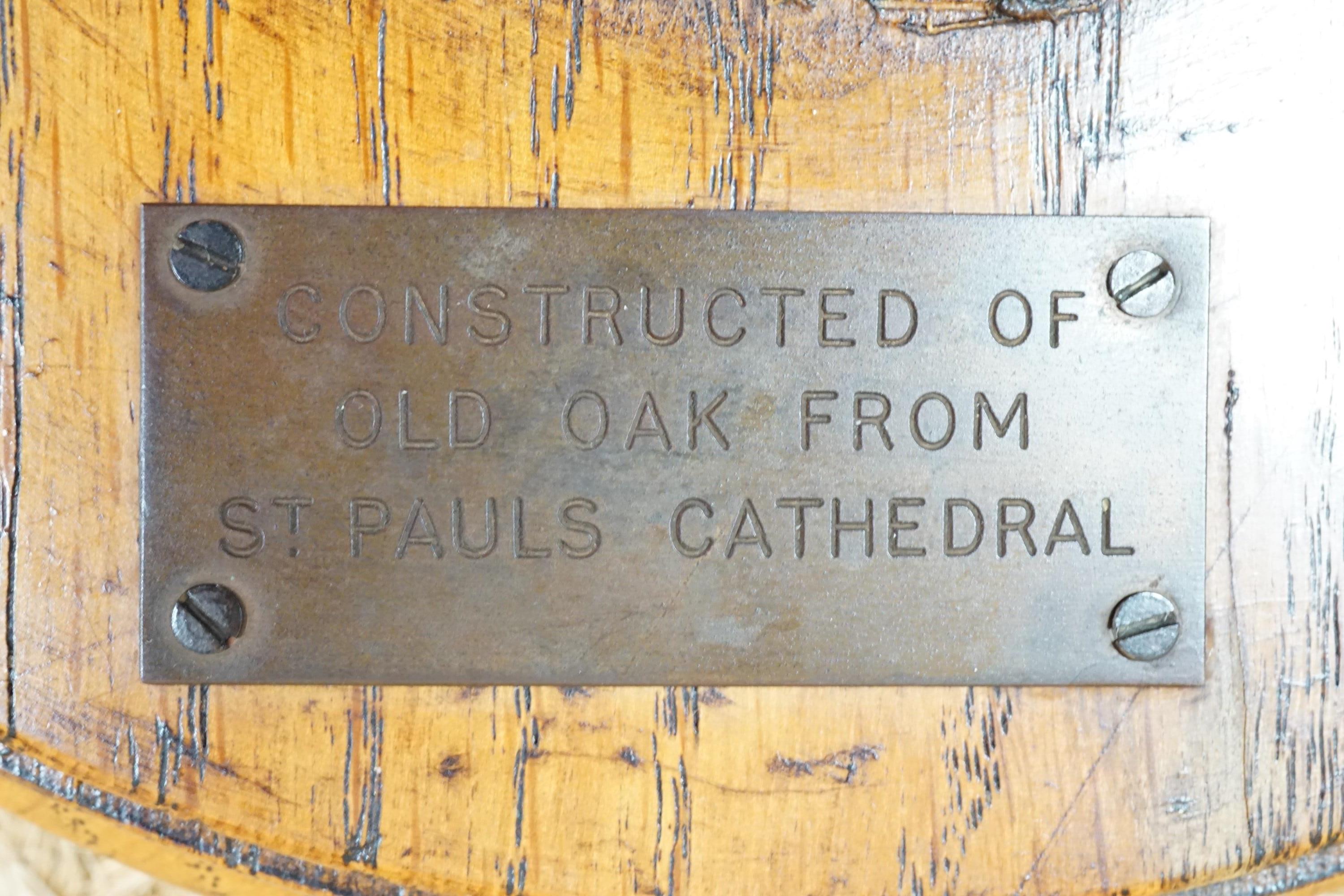 A turned oak torchere bearing an engraved brass plaque with inscription "Constructed of old oak from - Image 4 of 4