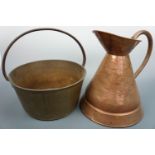 A brass jam pan, 32 cm, together with a large copper jug, 33 cm