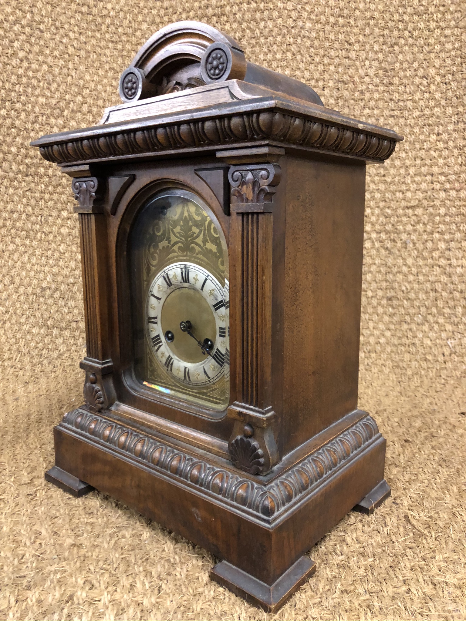 A late 19th Century Junghans walnut-cased bracket clock, having a three-train movement striking on - Image 3 of 5