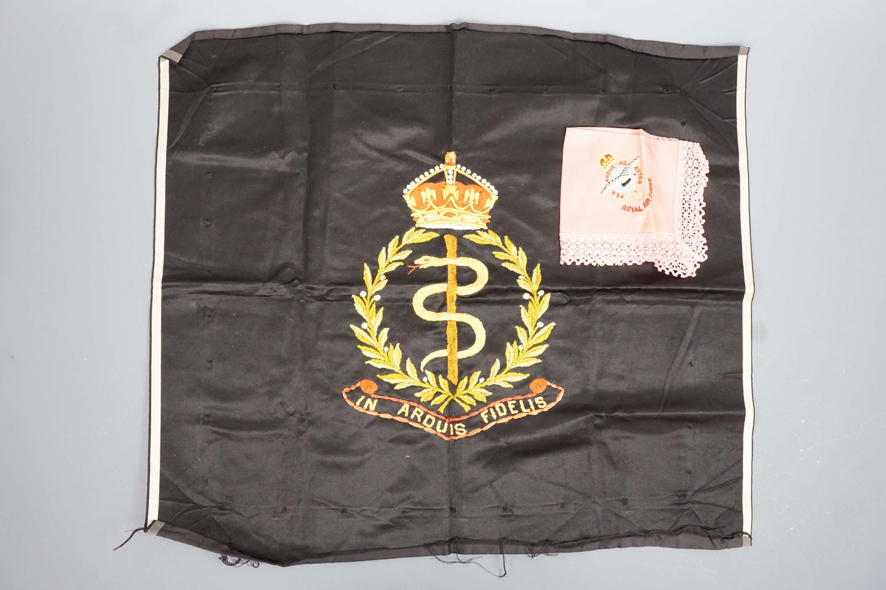 A Royal Army Medical Corps embroidery together with an RAF embroidered doily