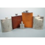 Four electroplate hip flasks and a stainless steel 1 oz measure