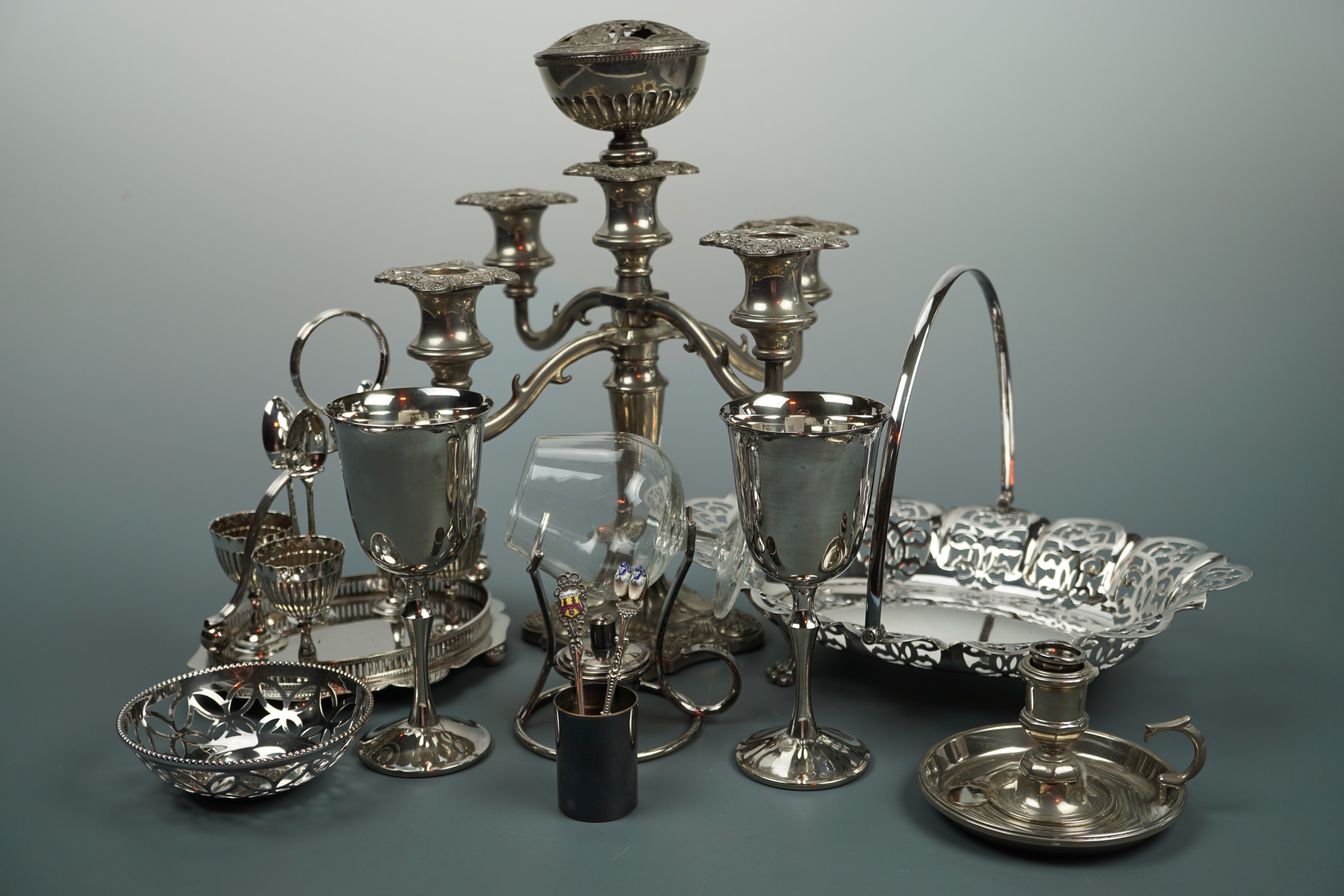 A quantity of electroplate including a Victorian egg cup stand