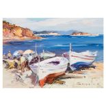Josep Sarquella. Barcas varadas en la playa. Óleo sobre tela.