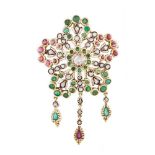 Broche-colgante estilo isabelino en oro, plata y plata pavonada con diamantes, esmeraldas y rubíes.