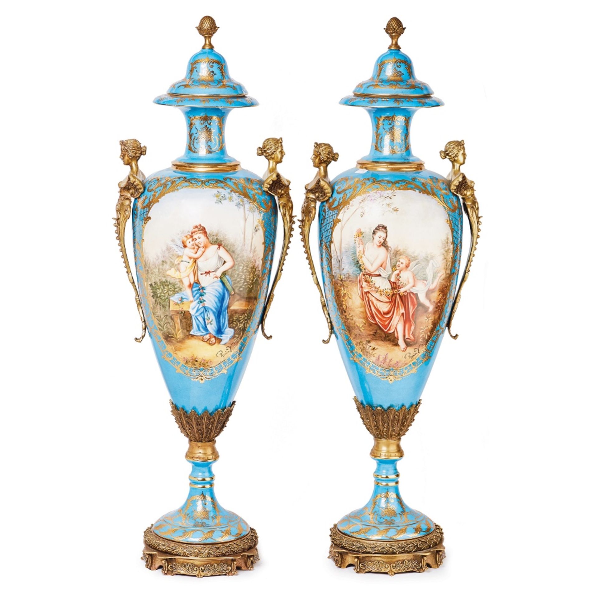 Pareja de jarrones en porcelana estilo Sèvres y bronce.