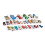 Colección de 28 coches y dos motos vespa en miniatura en plástico y metal, c.1960-1970.