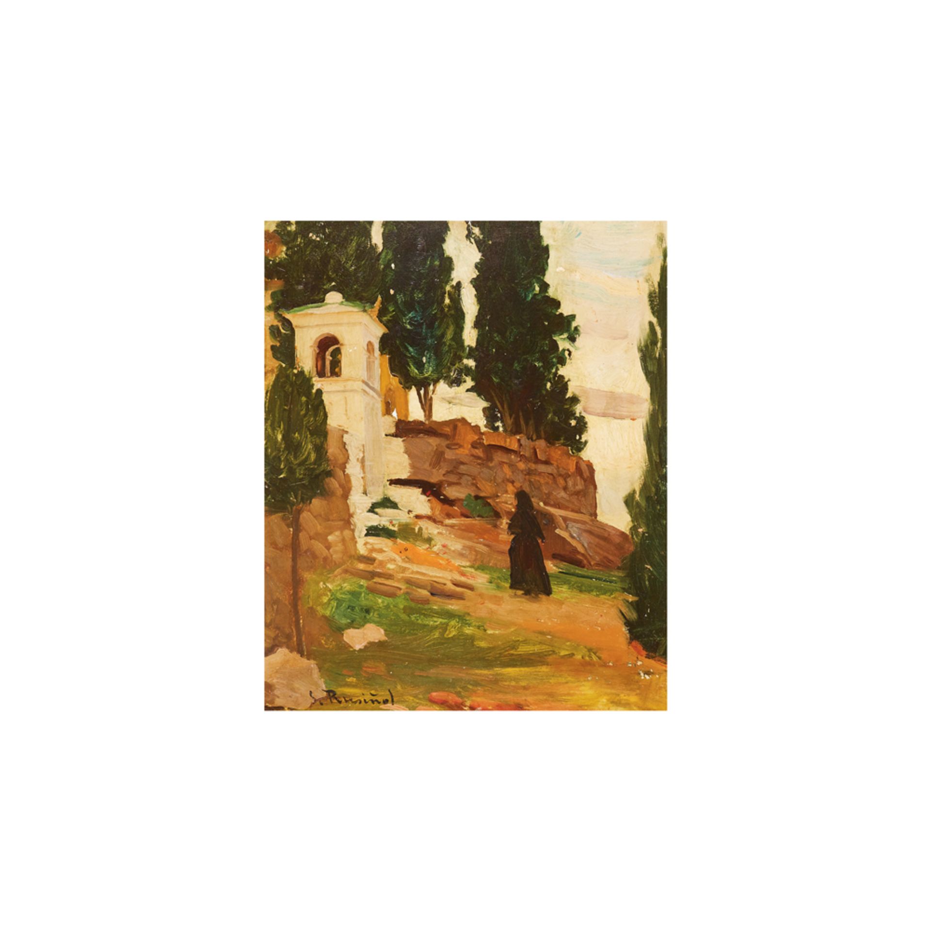 Santiago Rusiñol. Paisaje con ermita y figura en los alrededores de Sitges. Óleo sobre cartón.