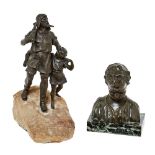 Escuela europea, s.XX. Busto infantil y Campesinos. Lote de dos esculturas en bronce.