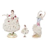 Bailora y Damas. Tres figuras en porcelana Dresden y Muller Volkstedt, primer cuarto del s.XX.