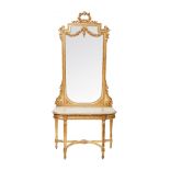 Consola con espejo estilo Luis XVI en madera tallada y mármol, ppios. del s.XX.