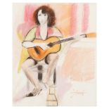 Jordi Curós. Mujer tocando la guitarra. Pastel sobre papel.