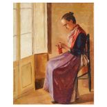 Escuela catalana, s.XX. Mujer tejiendo. Óleo sobre tela adherida a tabla.