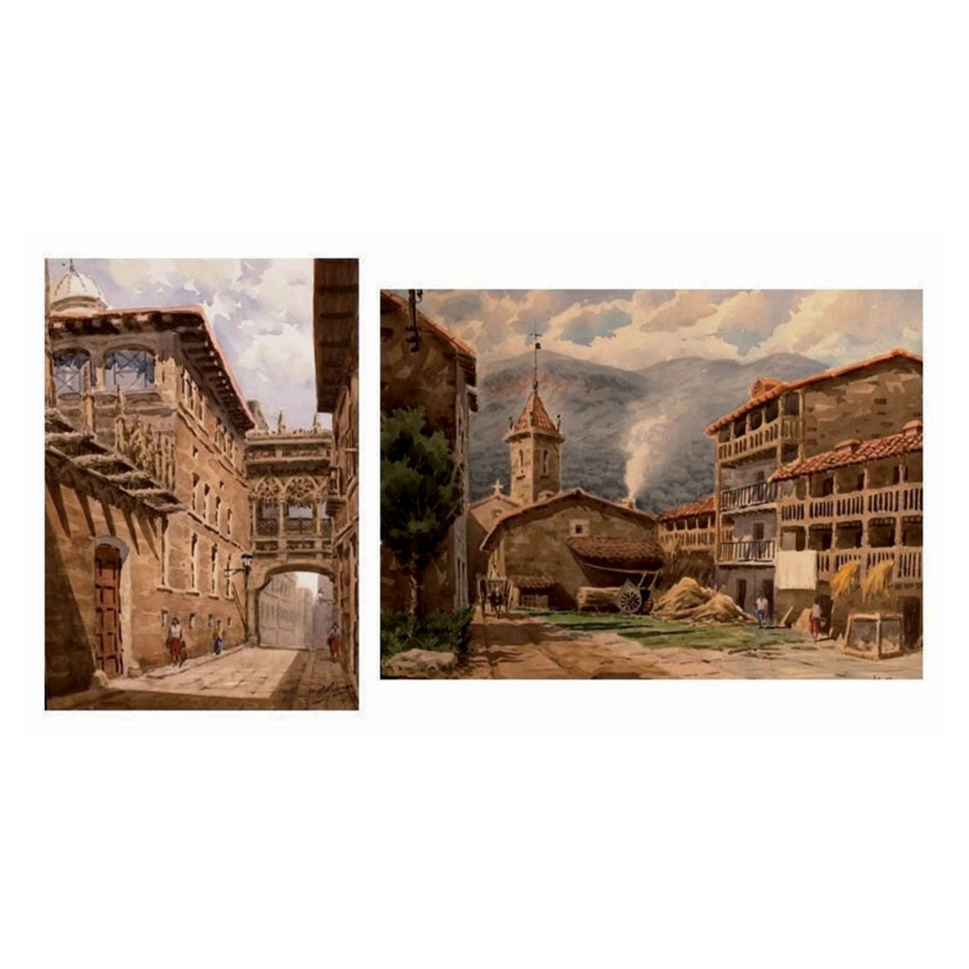 Antoni Guerrero. Paisajes de Gerona y Barcelona. Lote de dos acuarelas sobre papel.