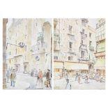 Jordi Massagué. Vistas de Barcelona. Pareja de acuarelas sobre papel.