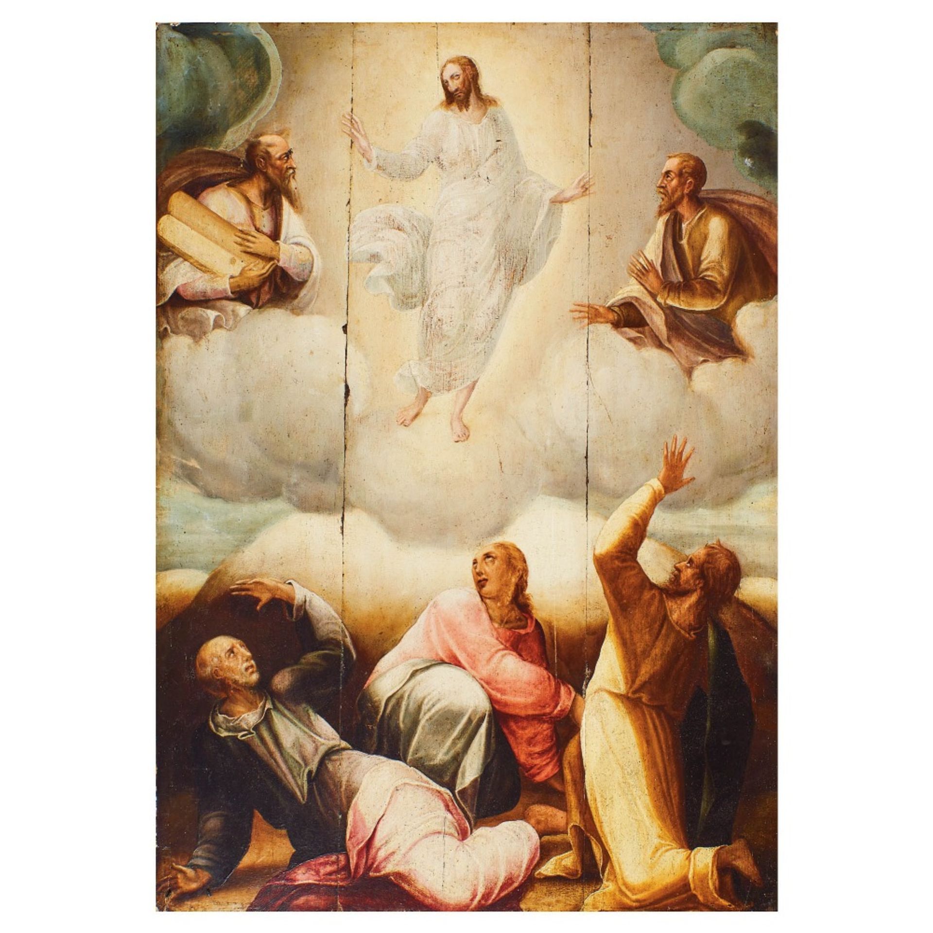 Escuela española, s.XVII. La Transfiguración de Cristo. Óleo sobre tabla.