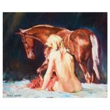 Jordi Nuñez Segura. Desnudo femenino y caballo. Óleo sobre táblex.