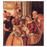 Escuela véneto-cretense, s.XIX. Adoración de los Reyes Magos. Óleo sobre tabla.