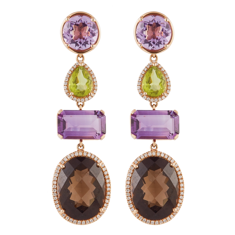 Pendientes en oro rosa con diamantes, amatistas, peridoto y cuarzo fumé.