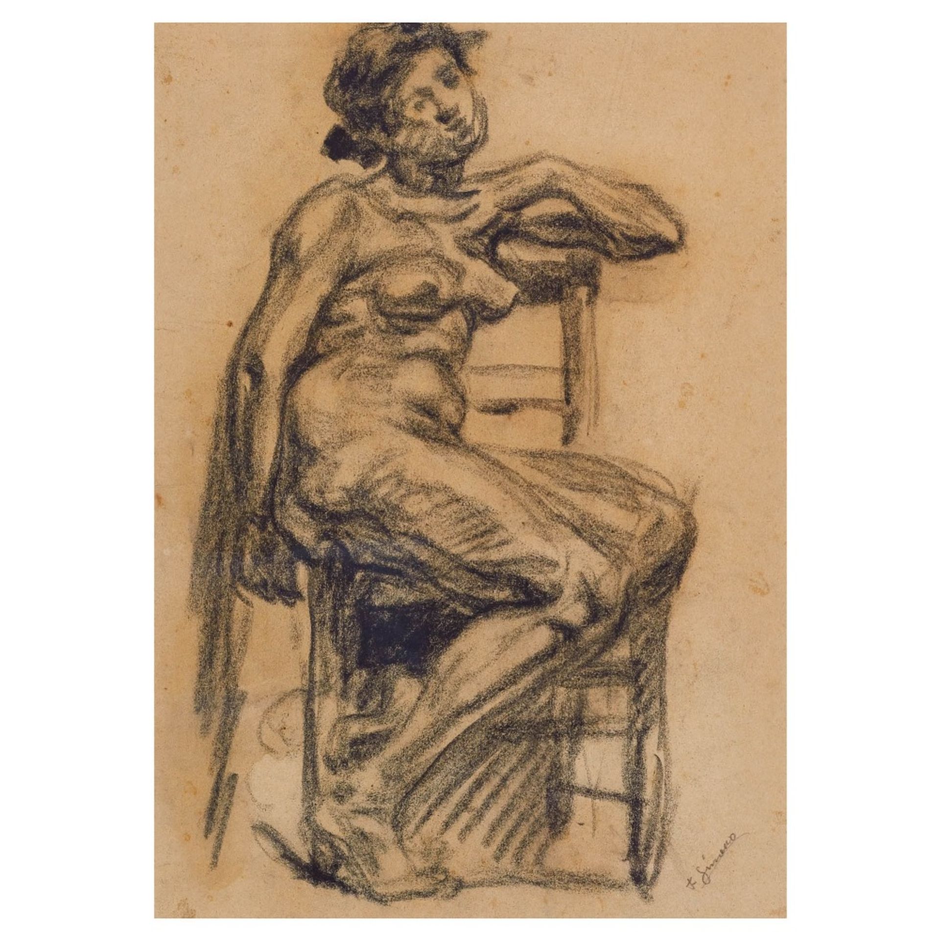 Francisco Gimeno. Desnudo femenino sedente. Dibujo a carboncillo sobre papel.