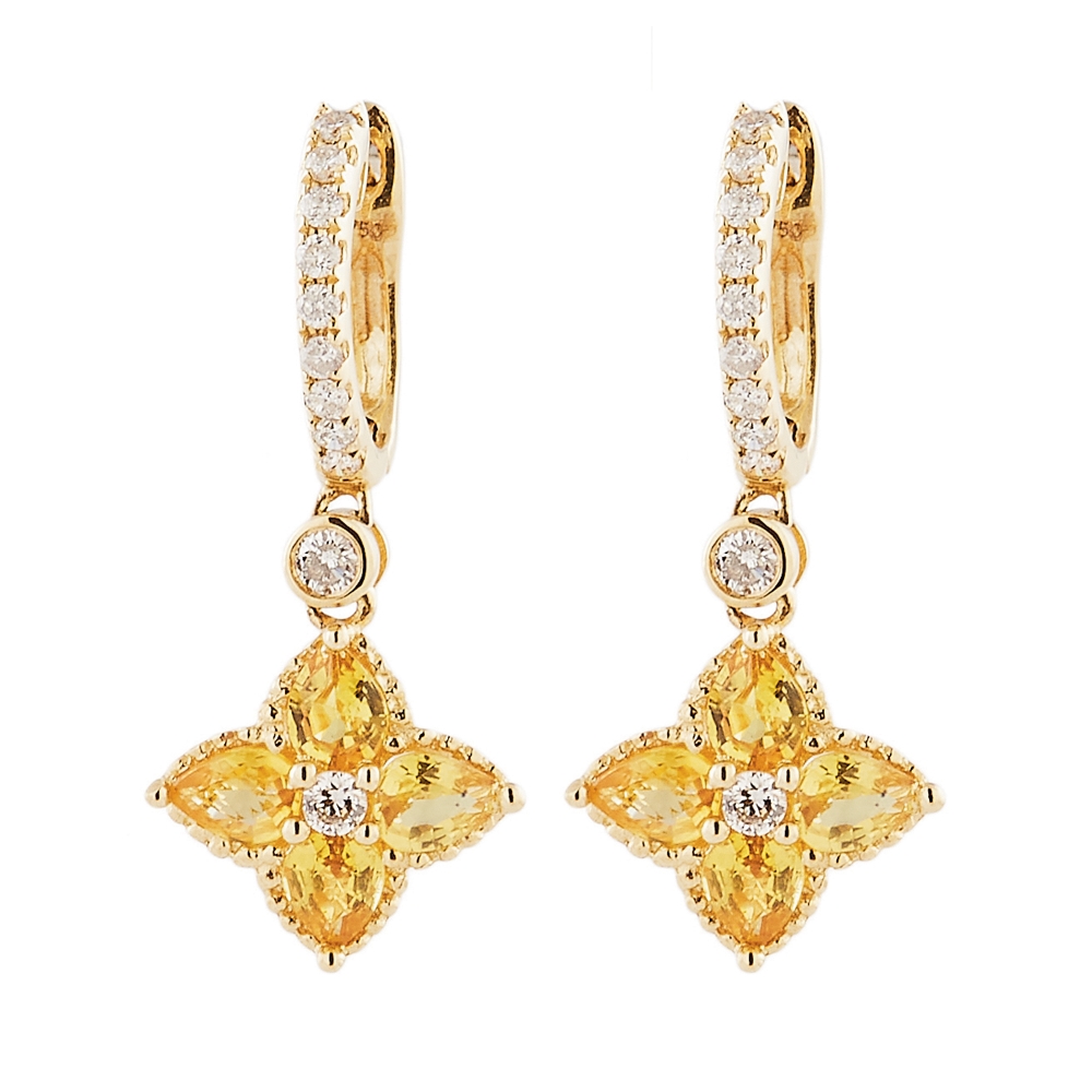 Pendientes en oro con diamantes y zafiros amarillos.