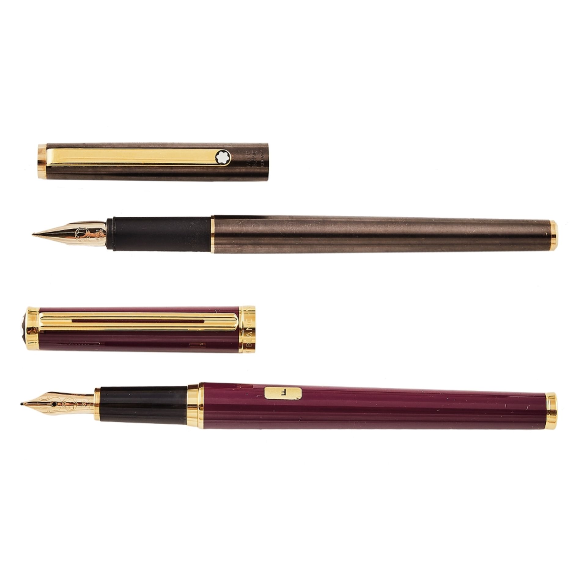 Lote de dos plumas Montblanc "Slim Line" y "Oblige" en acero, resina y plaqué oro, c.1980-2000.