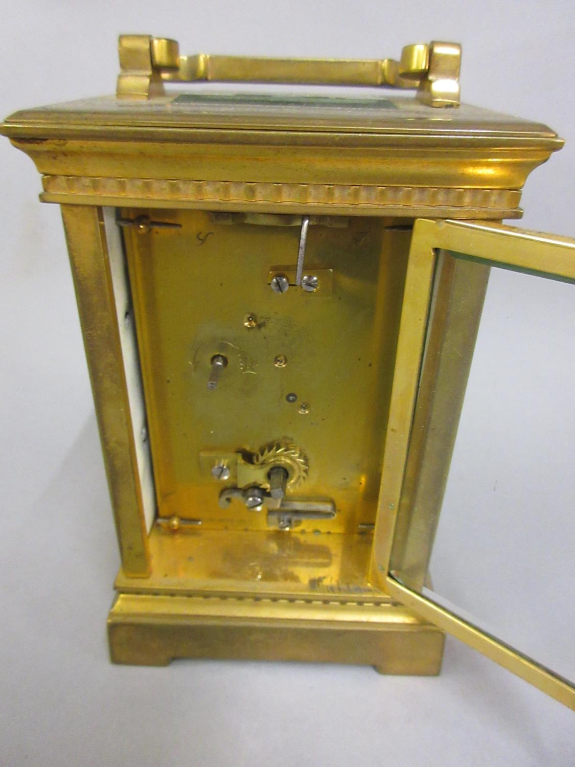 Small gilt brass carriage clock, the side panels decorated in enamel with Chinese figures, the - Image 7 of 7