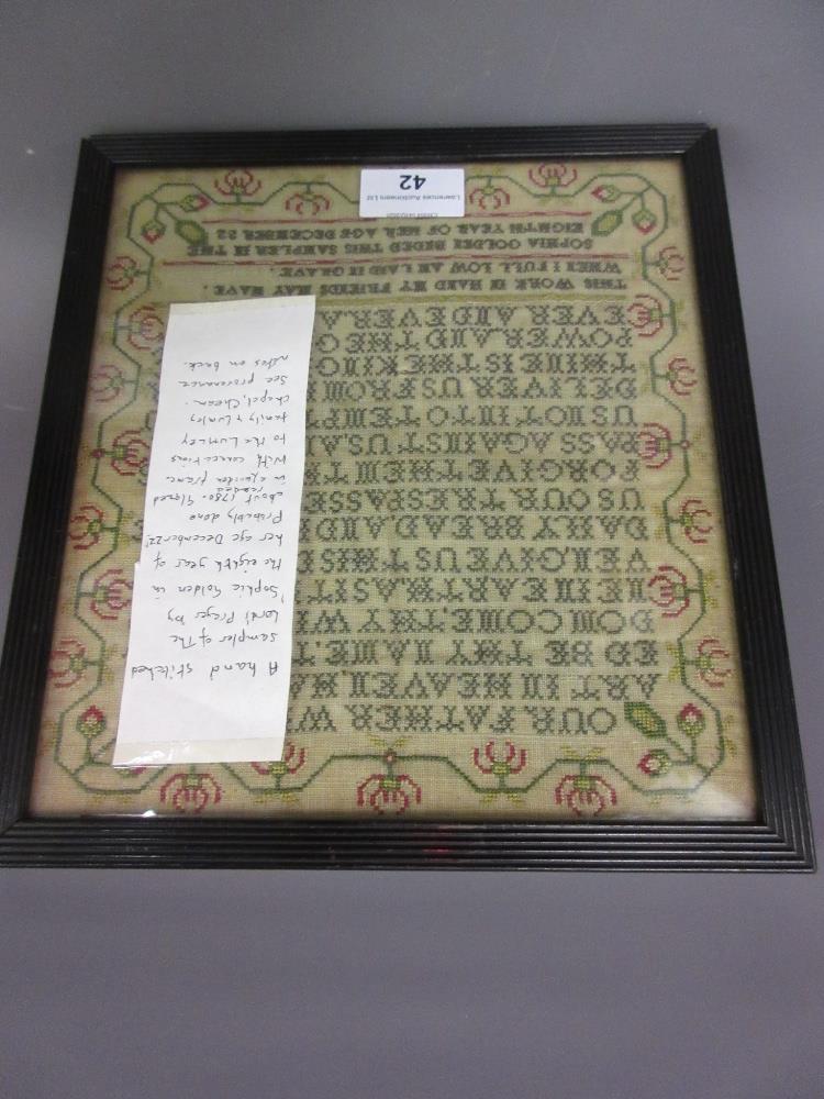 Small George III needlework Lord's Prayer sampler, signed Sophia Golden, 9.25ins x 8.25ins