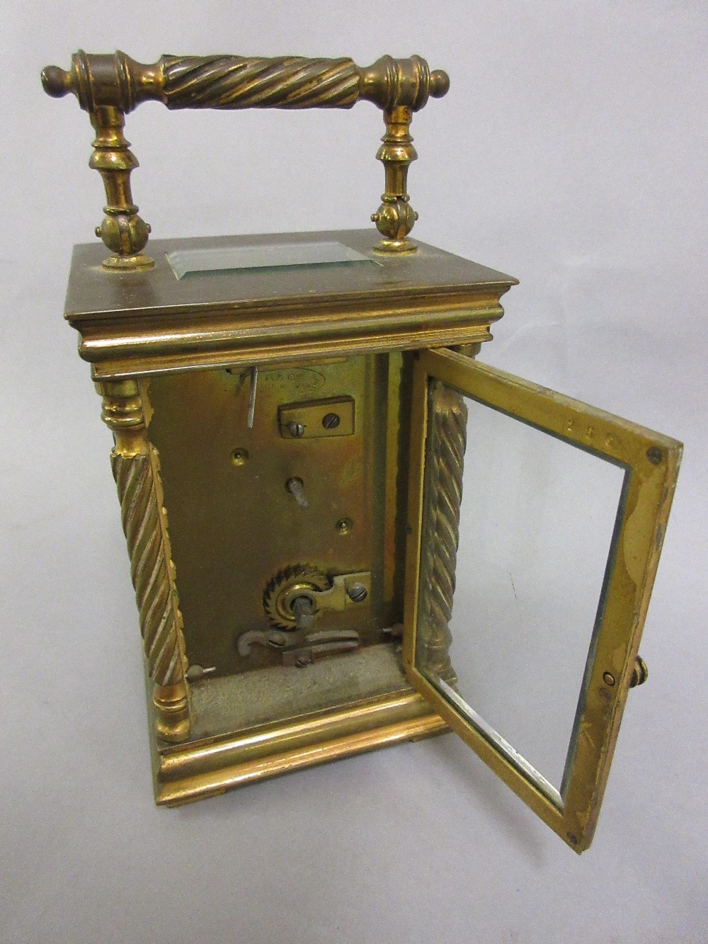 Small gilt brass cased carriage clock, the circular enamel dial with Arabic numerals, the case - Image 2 of 3