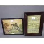 Small 19th Century school sampler signed Emily Pope together with a small Berlin silkwork picture of