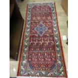 Modern Hamadan rug with a medallion and all-over Herati design on a red ground, 6ft x 2ft 8ins
