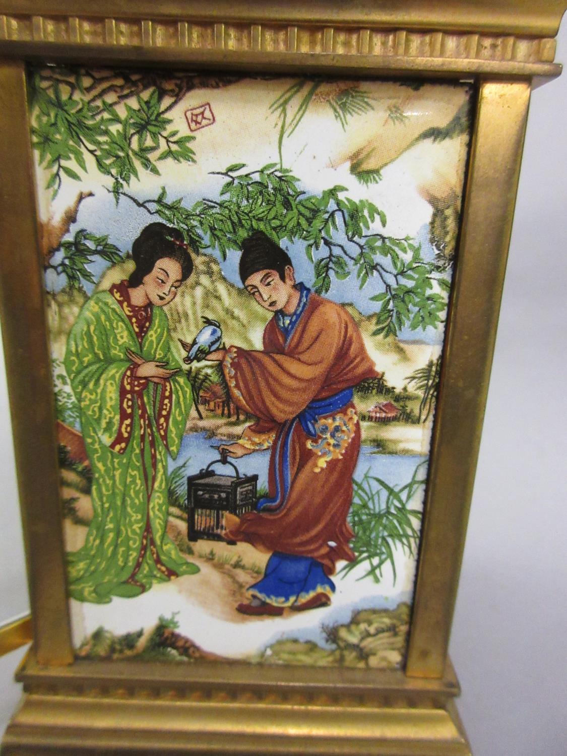 Small gilt brass carriage clock, the side panels decorated in enamel with Chinese figures, the - Image 5 of 7