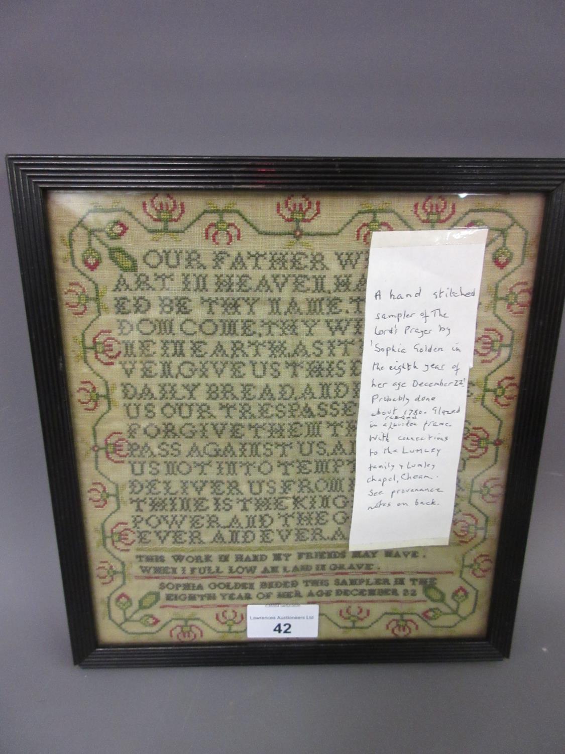 Small George III needlework Lord's Prayer sampler, signed Sophia Golden, 9.25ins x 8.25ins - Image 2 of 8