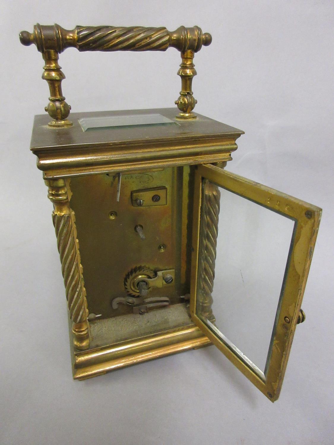 Small gilt brass cased carriage clock, the circular enamel dial with Arabic numerals, the case - Image 3 of 3