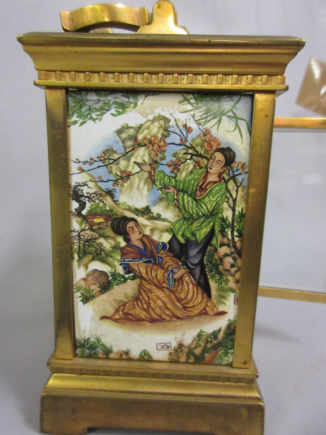Small gilt brass carriage clock, the side panels decorated in enamel with Chinese figures, the - Image 3 of 7