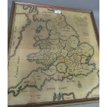 Large good quality silk and chenille thread and silk cross stitch map of England and Wales, signed