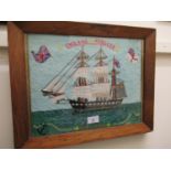 20th Century woolwork picture in antique style, naive study of a three masted sailing vessel, '