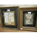 Regency silkwork full length picture of a lady together with another similar, both gilt framed