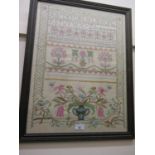 Early 20th Century alphabet and pictorial sampler, 22ins x 16.5ins, framed