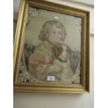 Two Victorian petit point portrait pictures of children with a dog and a cat, gilt framed