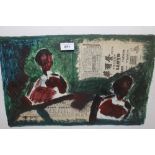Chinese school mixed media painting with collage abstract study with two figures, indistinctly