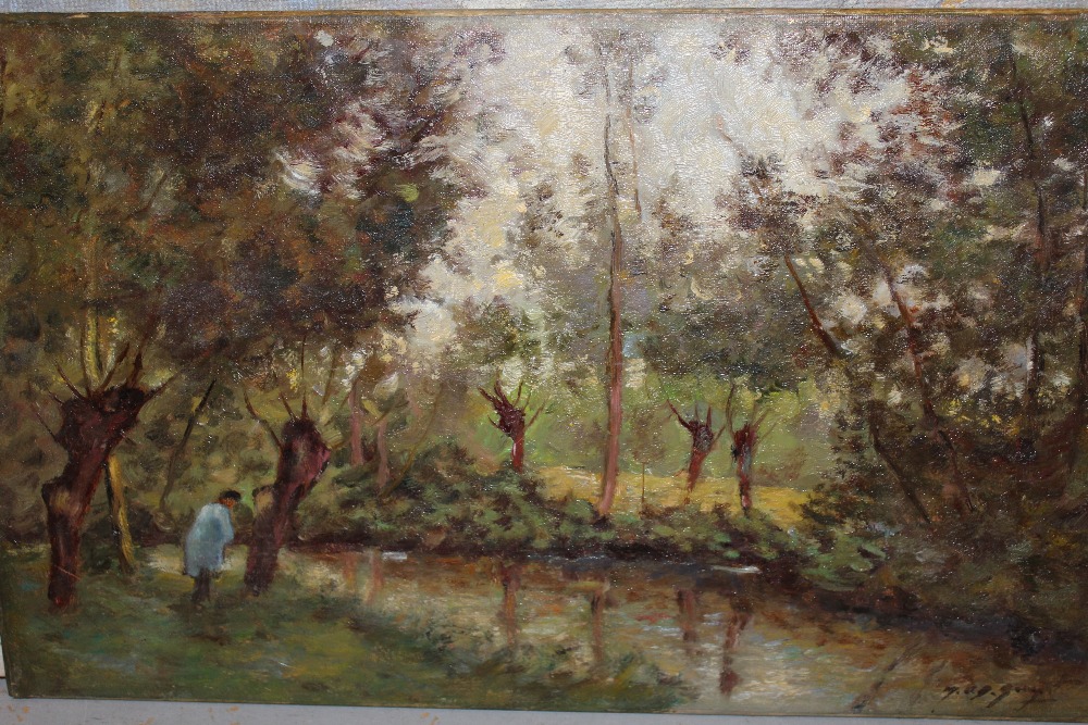 Two unframed oils on canvas laid on board, figure in a river landscape and willows by a marsh, - Image 2 of 2