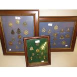 Three frames containing a collection of various military cap badges and buttons