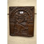 Antique rectangular oak panel carved with lady in an arbour, 14.5ins x 12ins