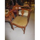 Edwardian mahogany and marquetry inlaid corner chair