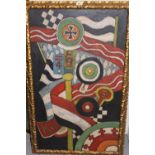 20th Century oil on canvas, study of flags and emblems, 39ins x 23ins, gilt framed