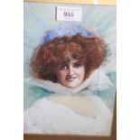 Early 20th Century watercolour, head and shoulder portrait of a lady, 9ins x 6.5ins, gilt framed